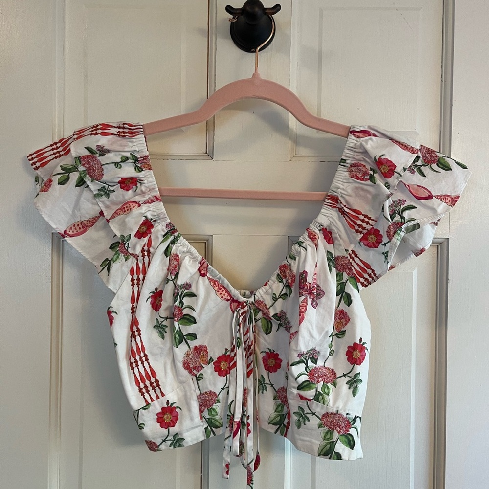 Hill House White Floral Crop Top with Ruffle Sleeves